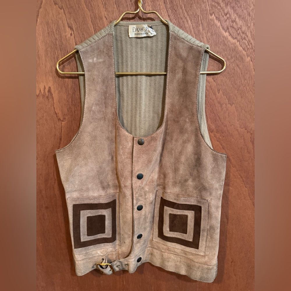 Vtg 70s Damon  Italian Leather Taupe Vest‎ Top Knit Back Buckle Front size M